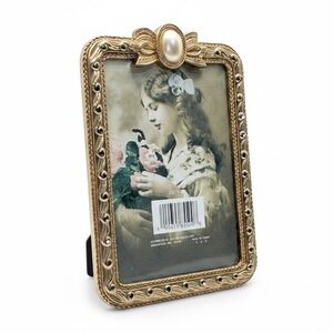 Vintage 1989 Dayton Hudson Gold Bow Faux Pearl Picture Frame 3.5 x5" Coquette